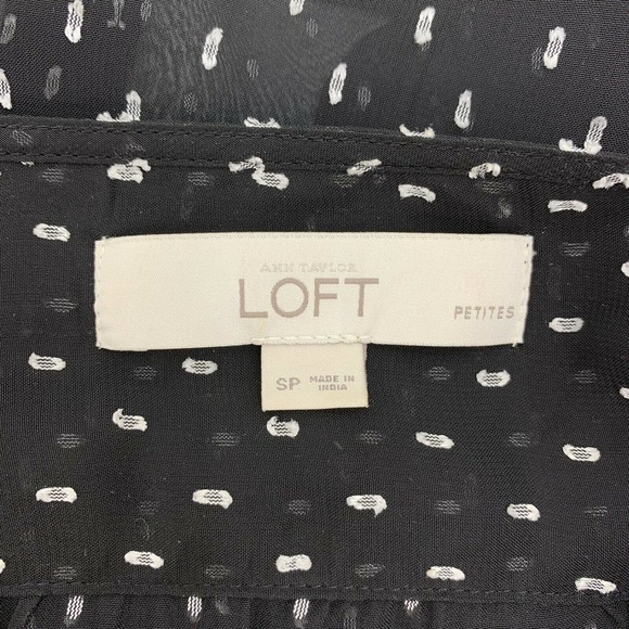 Loft Petite Utility Blouse SP Black Chiffon Sheer White Dot Minimalist Office - Picture 7 of 8